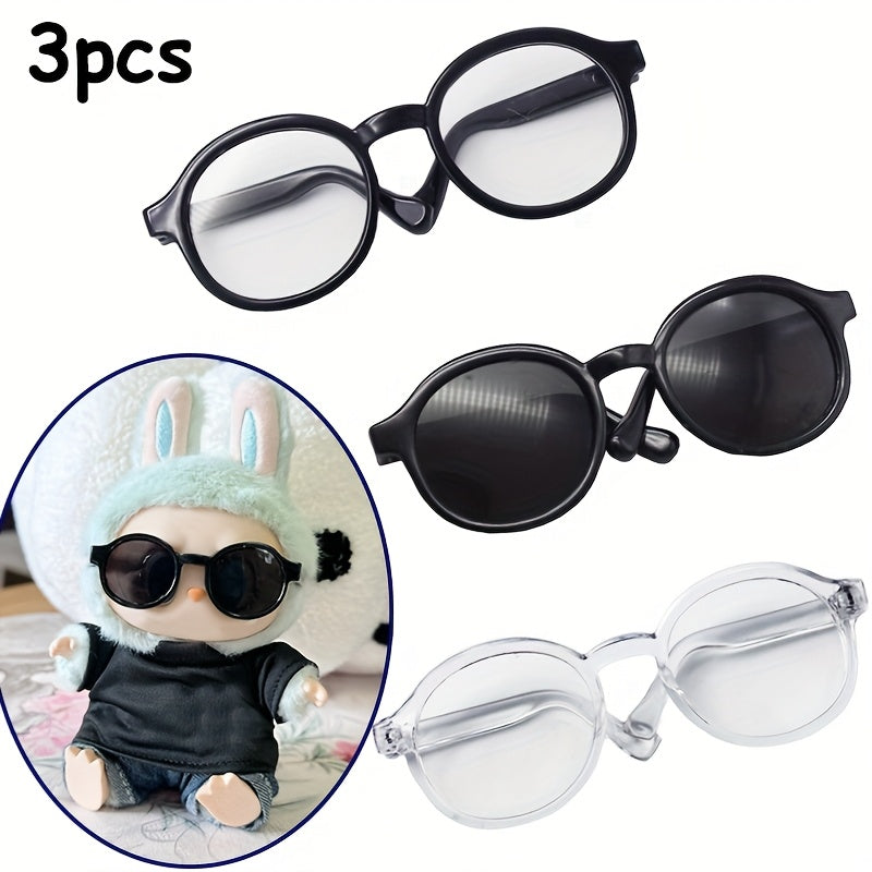 3pcs Decorative Plastic Glasses for Labubu & Collectible Figurines - 6.5cm Round Rimmed Fashion Doll Eyewear in Multicolor, Gray, Red, Green, Transparent, Black - Perfect Gift for Figure Collectors, Collectible Accessories, Playful Accessory, Durable Figu