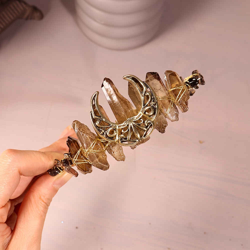 1pc Elegant Natural Crystal Headband - Moon Shaped Hollow Tiara - Chic Hair Jewelry for Special Occasions and Everyday Glamour