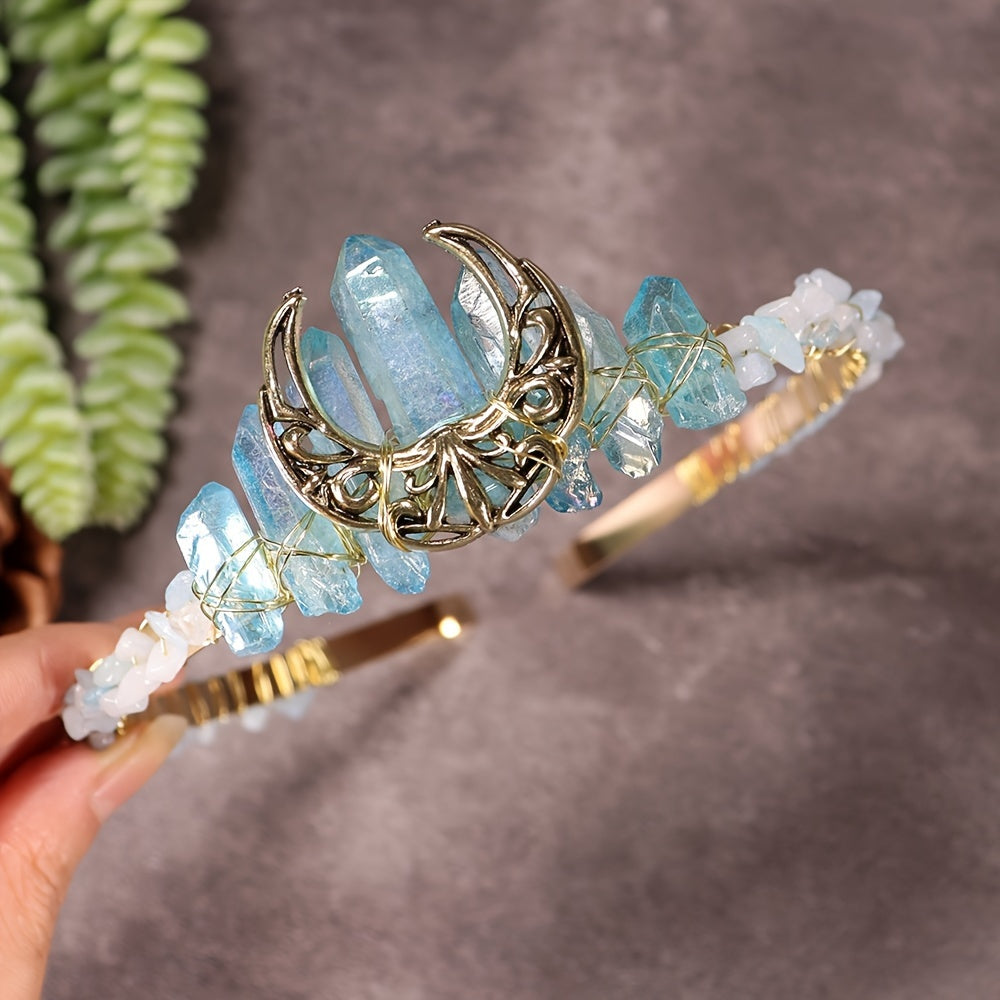 1pc Elegant Natural Crystal Headband - Moon Shaped Hollow Tiara - Chic Hair Jewelry for Special Occasions and Everyday Glamour