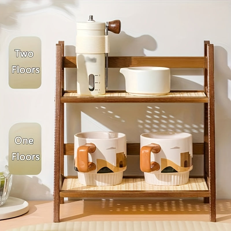 Double layer wooden cup storage rack, 26cm/10 inch artificial rattan mug organizer, suitable for kitchen and living room, compact desktop rack, can hold mugs, cups and small items, durable wooden material, space saving design, vertical rack, Standing Shel