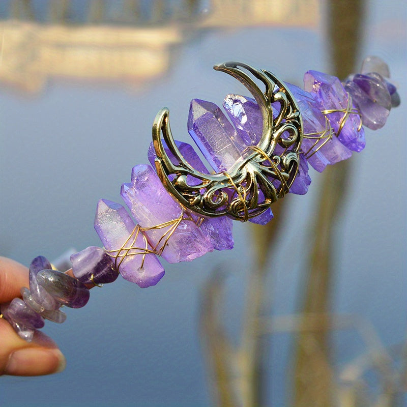 1pc Elegant Natural Crystal Headband - Moon Shaped Hollow Tiara - Chic Hair Jewelry for Special Occasions and Everyday Glamour