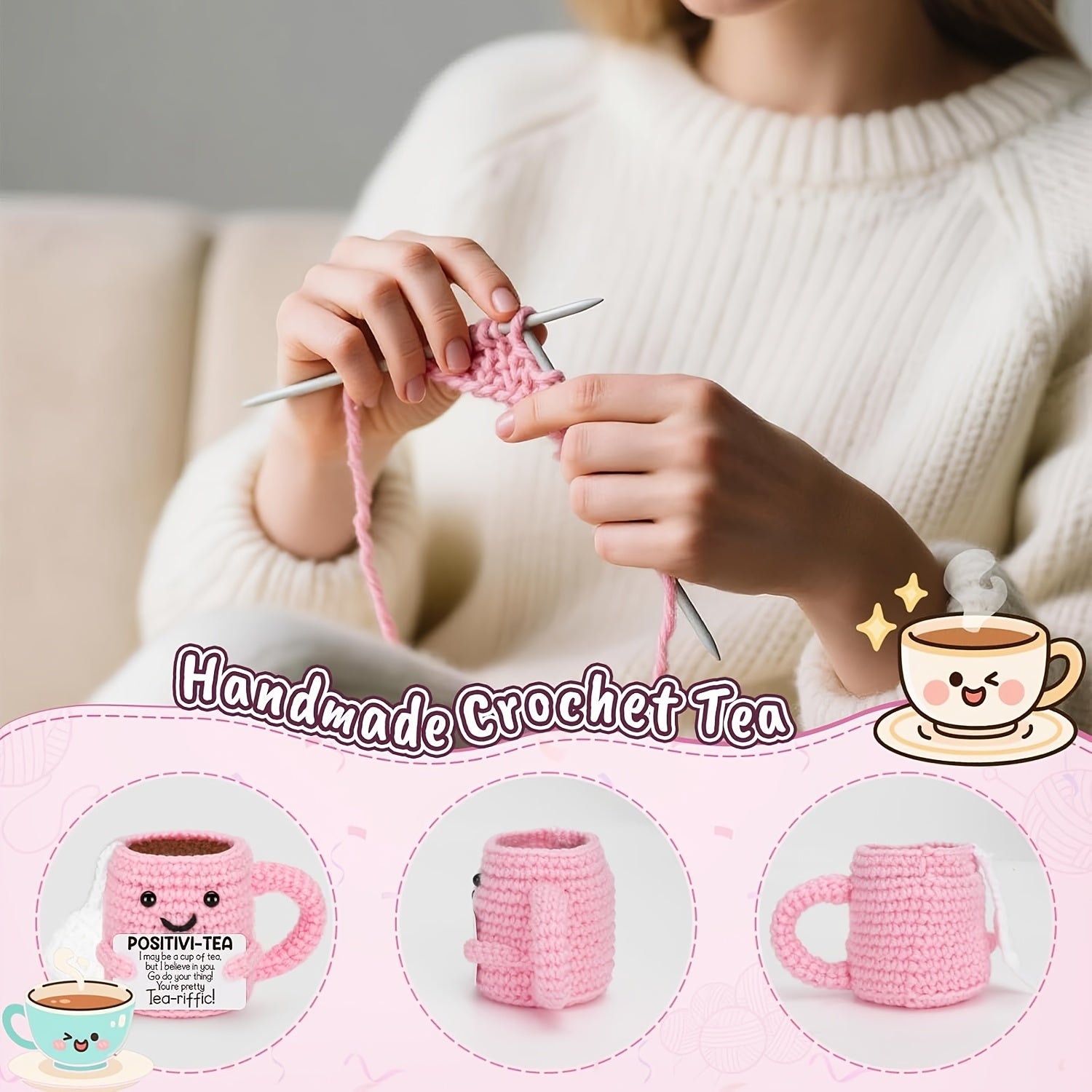 [Positivi-Tea Kit] Positivi-Tea Crochet Kit | DIY Pink Tea Cup with Motivational Card | Handmade Emotional Support Gift for Women, Friends, Teachers, Graduation & Birthday