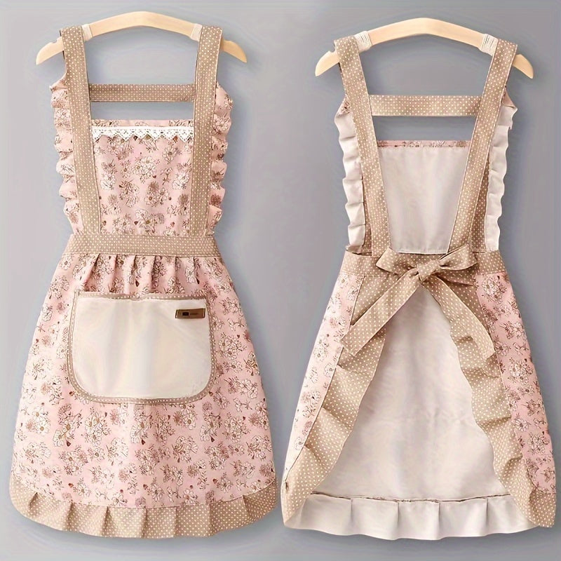 [Floral Princess Apron] 1pc Floral Lace Princess Apron - Hand Wipe Pocket - Suitable for Kitchen, Living Room, Bathroom Cleaning