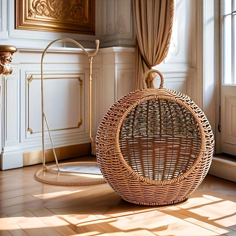 1pc Round Woven Rattan Cat Hammock Basket