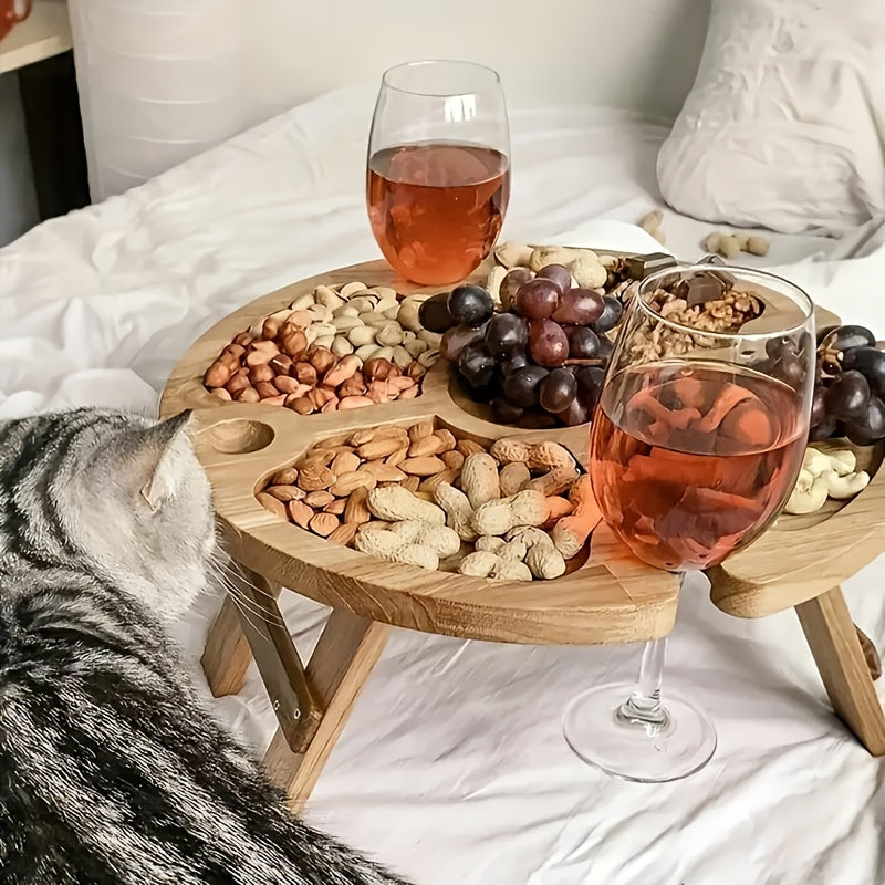 1pc Handmade Wooden Folding Picnic Table with Wine Rack