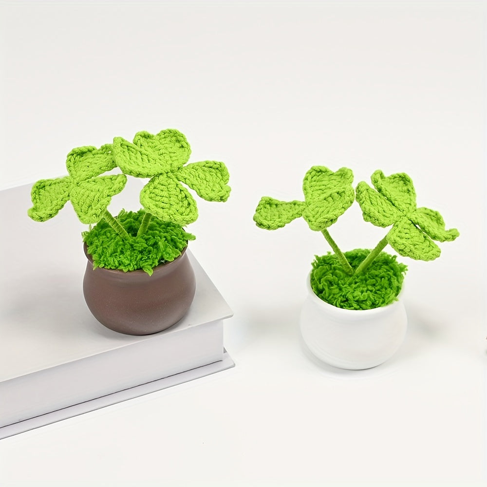 1pc Handmade Artificial Plant Potted, Crocheted Four-leaf Lucky Grass, Unique Knitting Home and Office Desktop Decoration