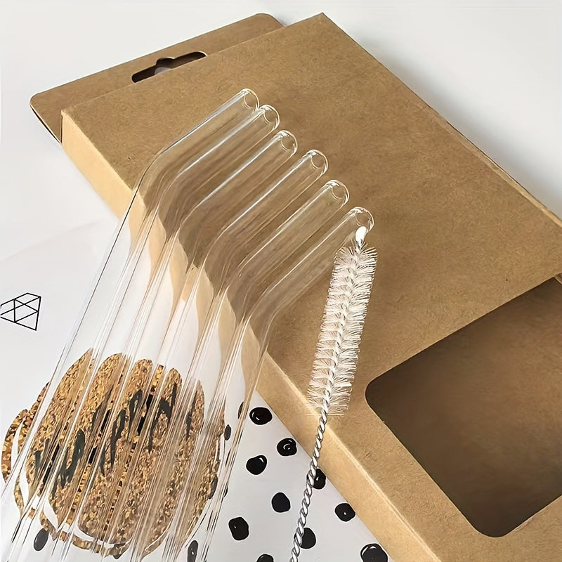 One set of 6 straws + 1 brush. High borosilicate transparent glass straws, heat-resistant, washable and reusable juice straws