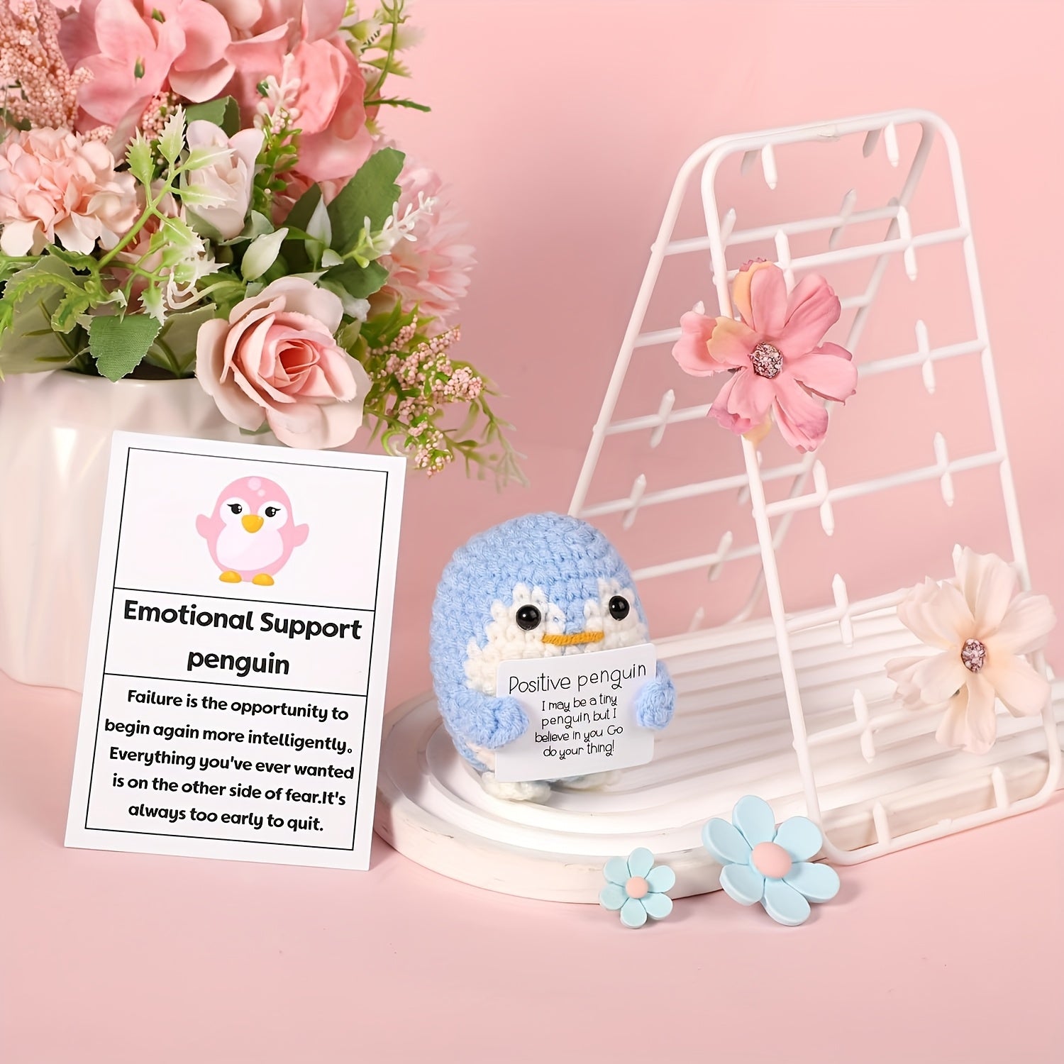 2.56 Inch Funny Positive Penguin, Knitted Emotional Support Penguin Toy with Positive Card Creative Cute Woolen Positive Penguin Crochet Doll Gift for Christmas New Year Friends Encouragement Party Decoration