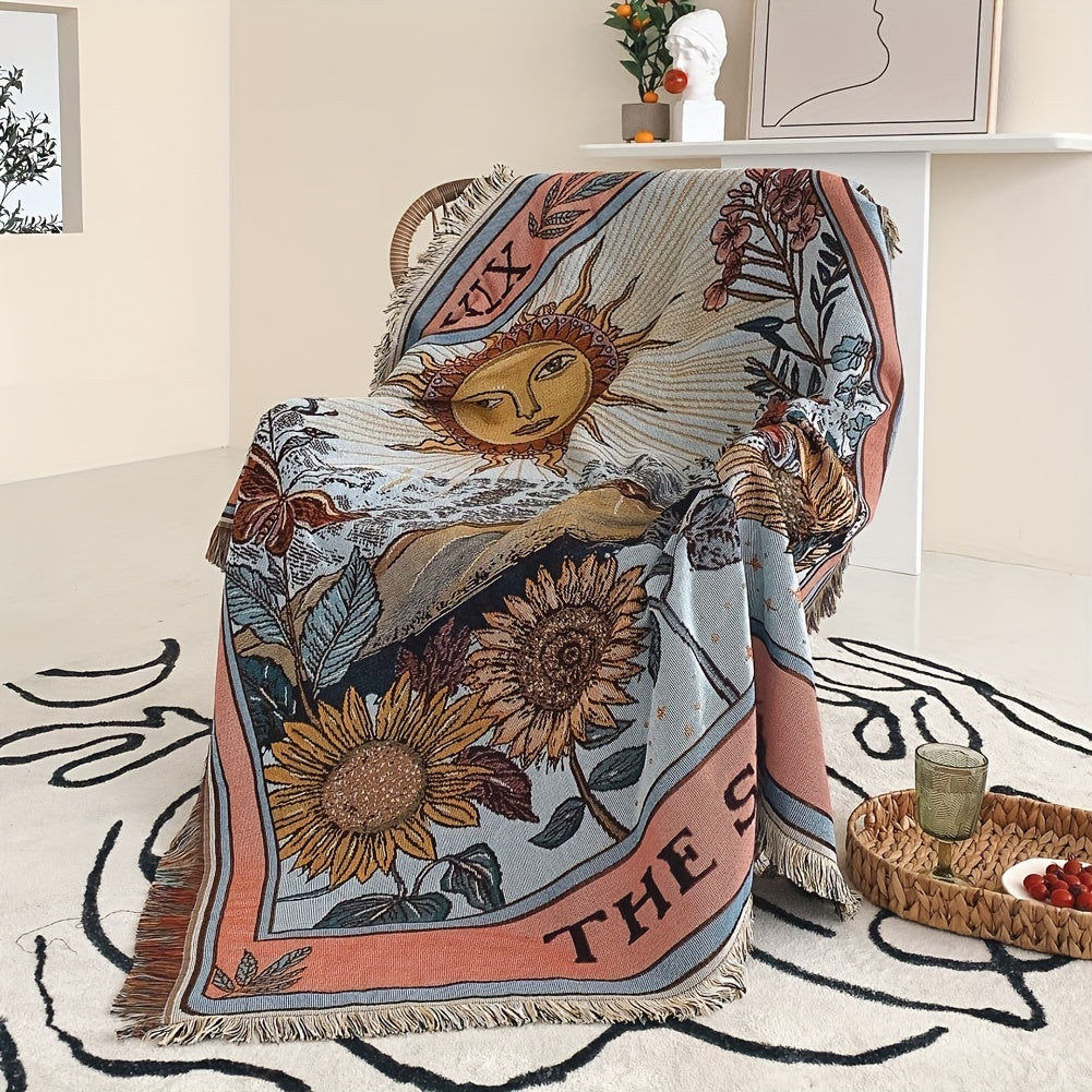 Bohemian Sun Tarot Card Design Throw Blanket - Soft, Lightweight, Washable Knit with Tassels, Perfect for Bed, Sofa, Yoga, Camping & Picnics, Indoor & Outdoor Use, Picnic Blanket | Bohemian Style | Fringed Detailing, Bohemian Decor