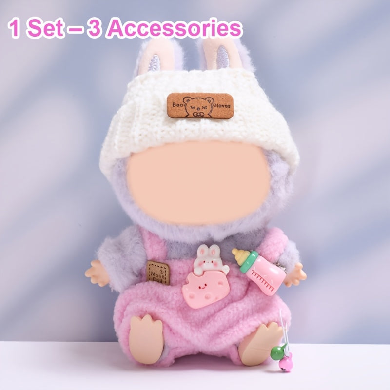[Cute Crochet Outfit] 3pcs Crochet Outfit for Labubu | Doll Clothes Set with Hat, Overalls & Mini Camera Bag, Cute Handmade Accessories - Doll Not Included