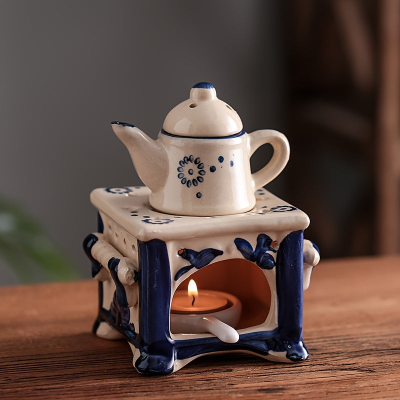 Blue & White Ceramic Teapot Candle Holder