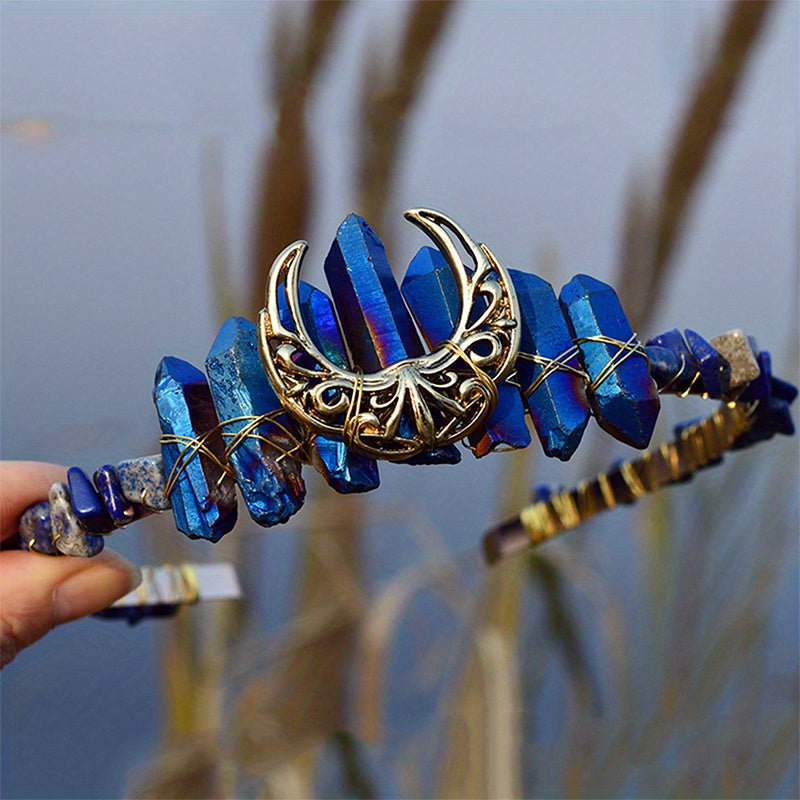1pc Elegant Natural Crystal Headband - Moon Shaped Hollow Tiara - Chic Hair Jewelry for Special Occasions and Everyday Glamour
