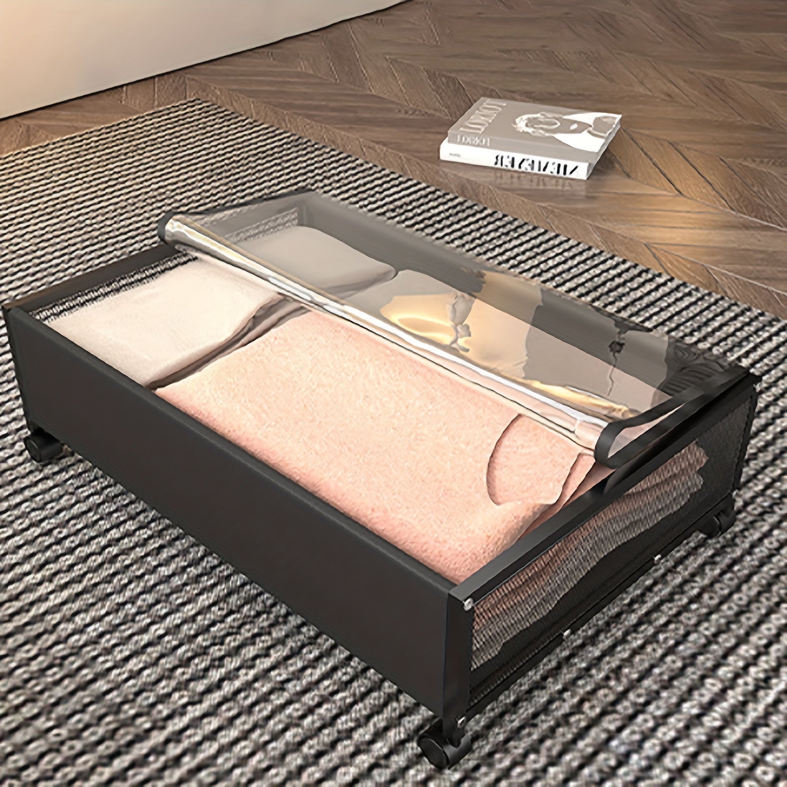 [2 Wheels Under Bed Storage] Under Bed Storage With Wheels, 2-Pack Under Bed Storage Containers With Clear Lids, Under The Bed Storage Organizer Bins, Rolling Under Bed Metal Drawer For Clothes, Shoes, Toys, Under-Bed Storage
