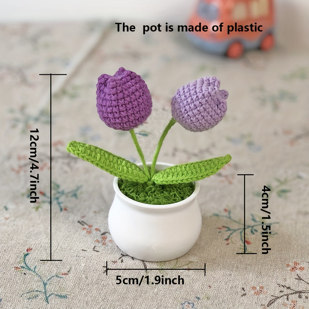 1pc Hand-Knitted Miniature Potted Flower Decor - Vibrant Multicolor Fabric Artificial Floral Arrangement, No Fade No Pill, Cute Table Centerpiece for Home Office Desk, Graduation Party, Festive Gift (No Vase Included)