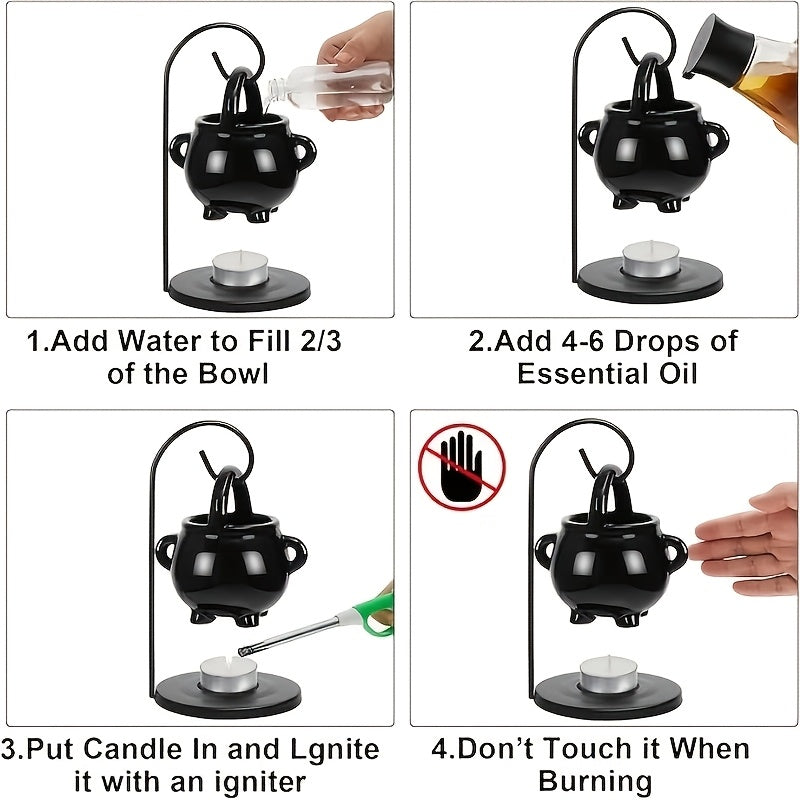 1pc Black Ceramic Witch's Cauldron Oil Burner - Essential Oil & Wax Melt Diffuser with Tealight Candle Holder for Home Decor, No Incense Included