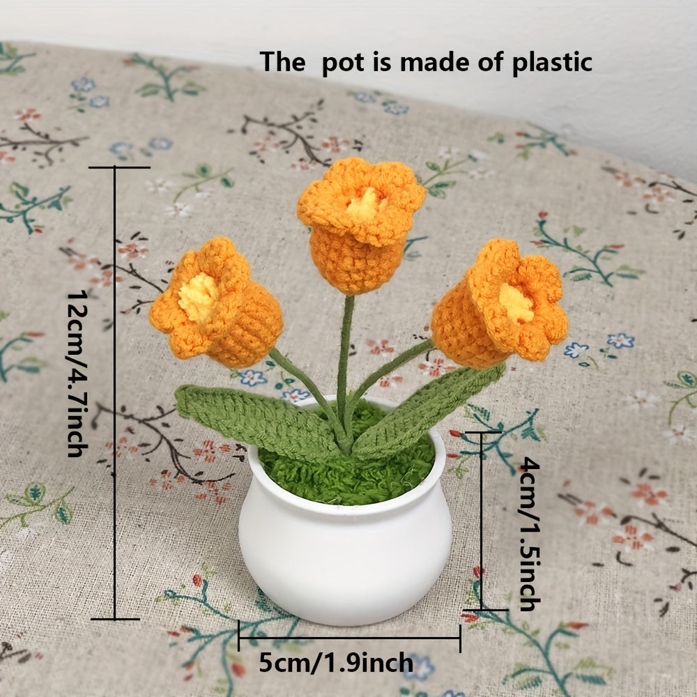 1pc Hand-Knitted Miniature Potted Flower Decor - Vibrant Multicolor Fabric Artificial Floral Arrangement, No Fade No Pill, Cute Table Centerpiece for Home Office Desk, Graduation Party, Festive Gift (No Vase Included)