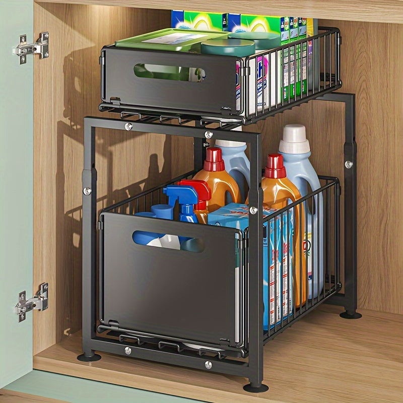 2-Tier Under Sink Storage Cabinet with Pull-Out Metal Drawers - Adjustable Height, Iron Construction, Ample Storage Space for Kitchen & Bathroom Essentials - Black Finish, Easy Assembly, Space-Saving Design