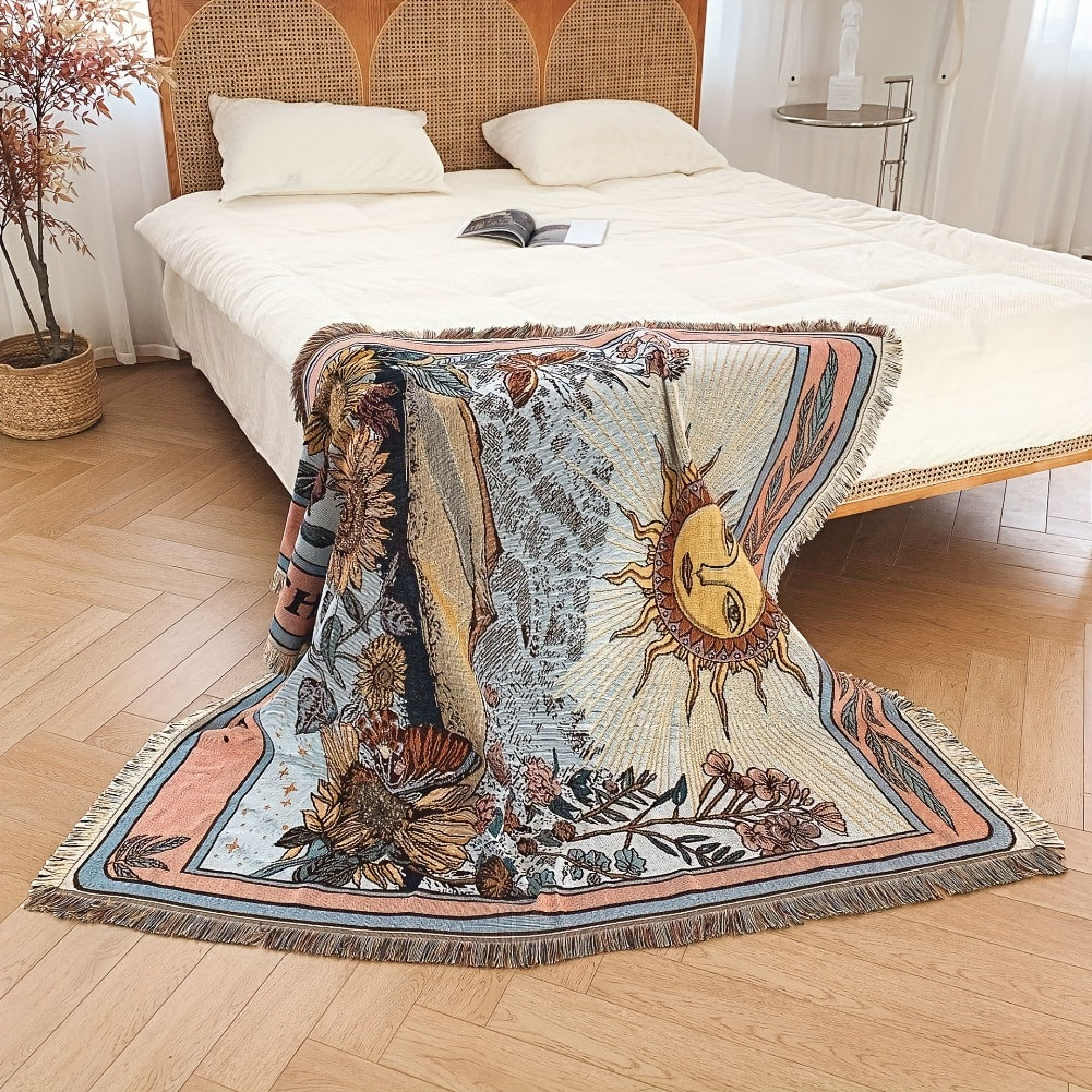 Bohemian Sun Tarot Card Design Throw Blanket - Soft, Lightweight, Washable Knit with Tassels, Perfect for Bed, Sofa, Yoga, Camping & Picnics, Indoor & Outdoor Use, Picnic Blanket | Bohemian Style | Fringed Detailing, Bohemian Decor