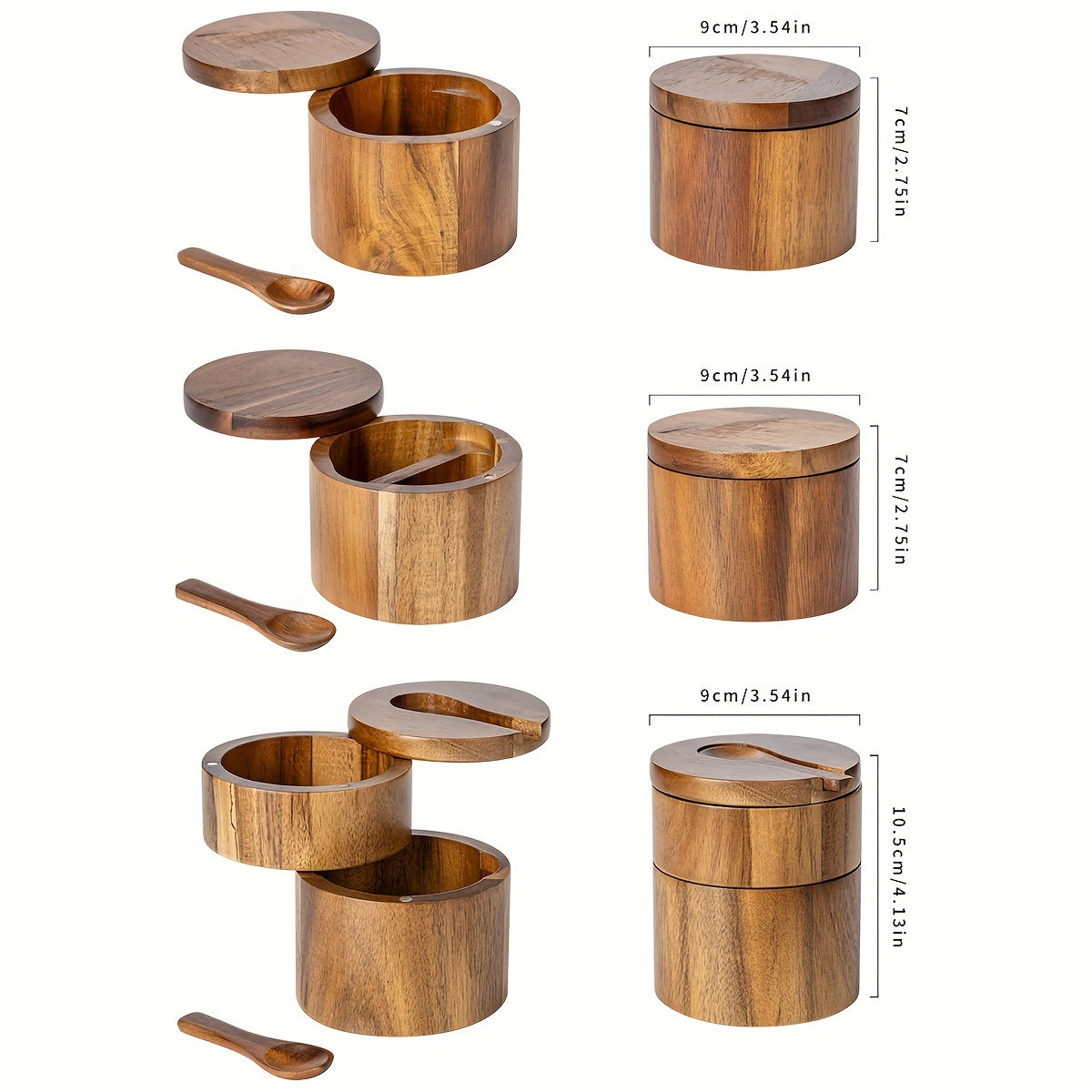 1PC Wooden Salt and Pepper Set with Spoon - Rustic Kitchen Storage for Spices and Condiments