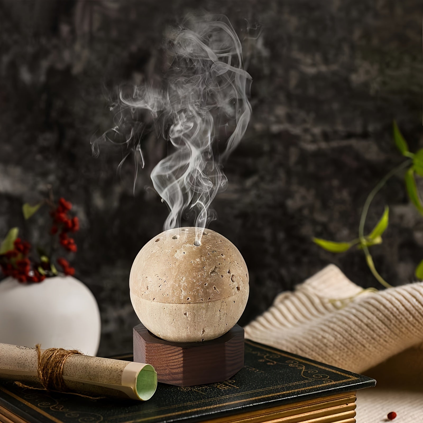 1pc Natural Travertine Round Handmade Sphere Incense Burner