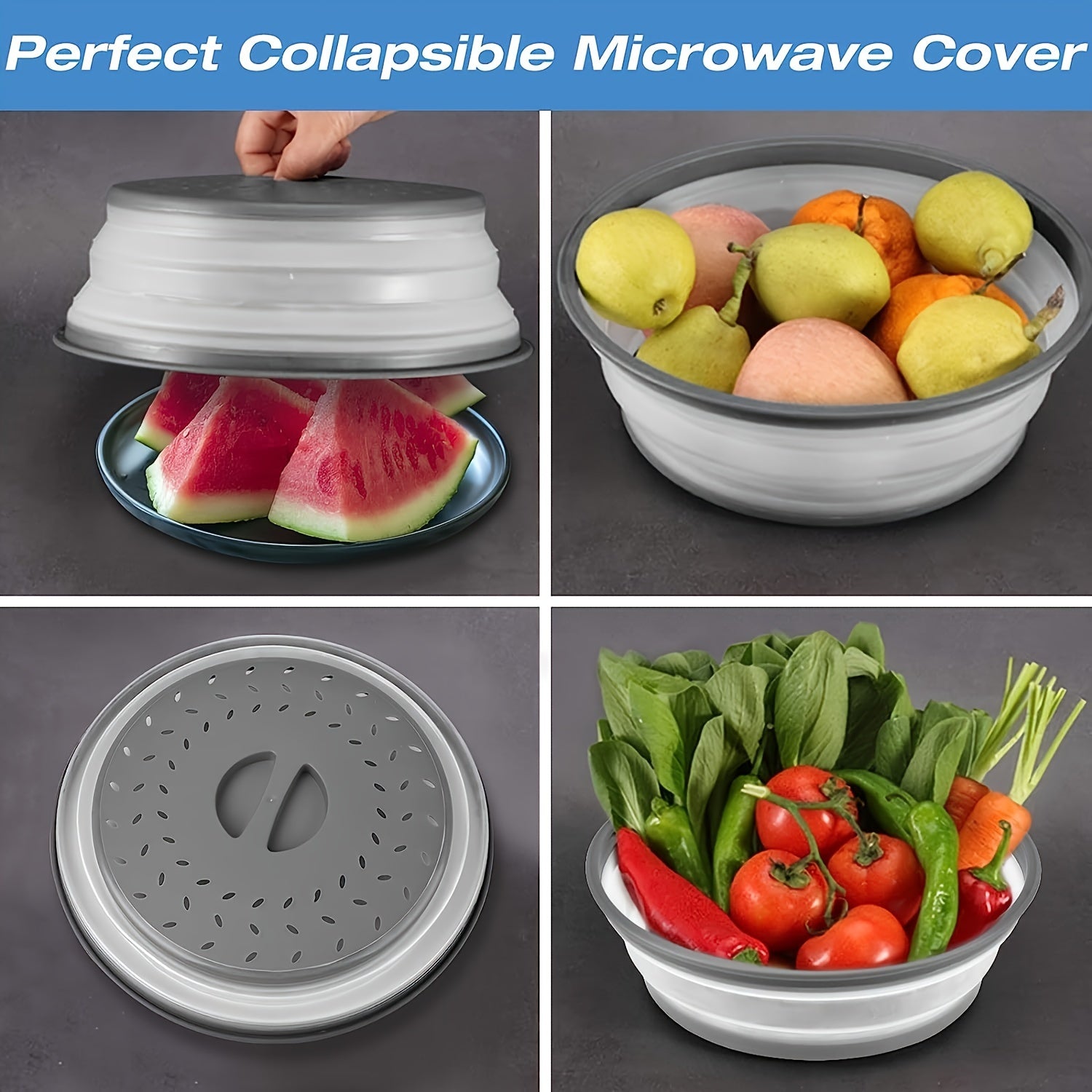 Microwave Plate Cover Collapsible Food Plate Lid Cover - BPA Free, Easy Grip, Microwave Plate Guard Lid with Steam Vent & Colander Strainer for Fruit