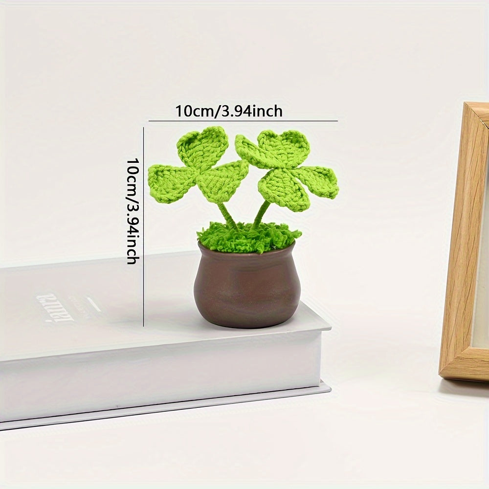 1pc Handmade Artificial Plant Potted, Crocheted Four-leaf Lucky Grass, Unique Knitting Home and Office Desktop Decoration