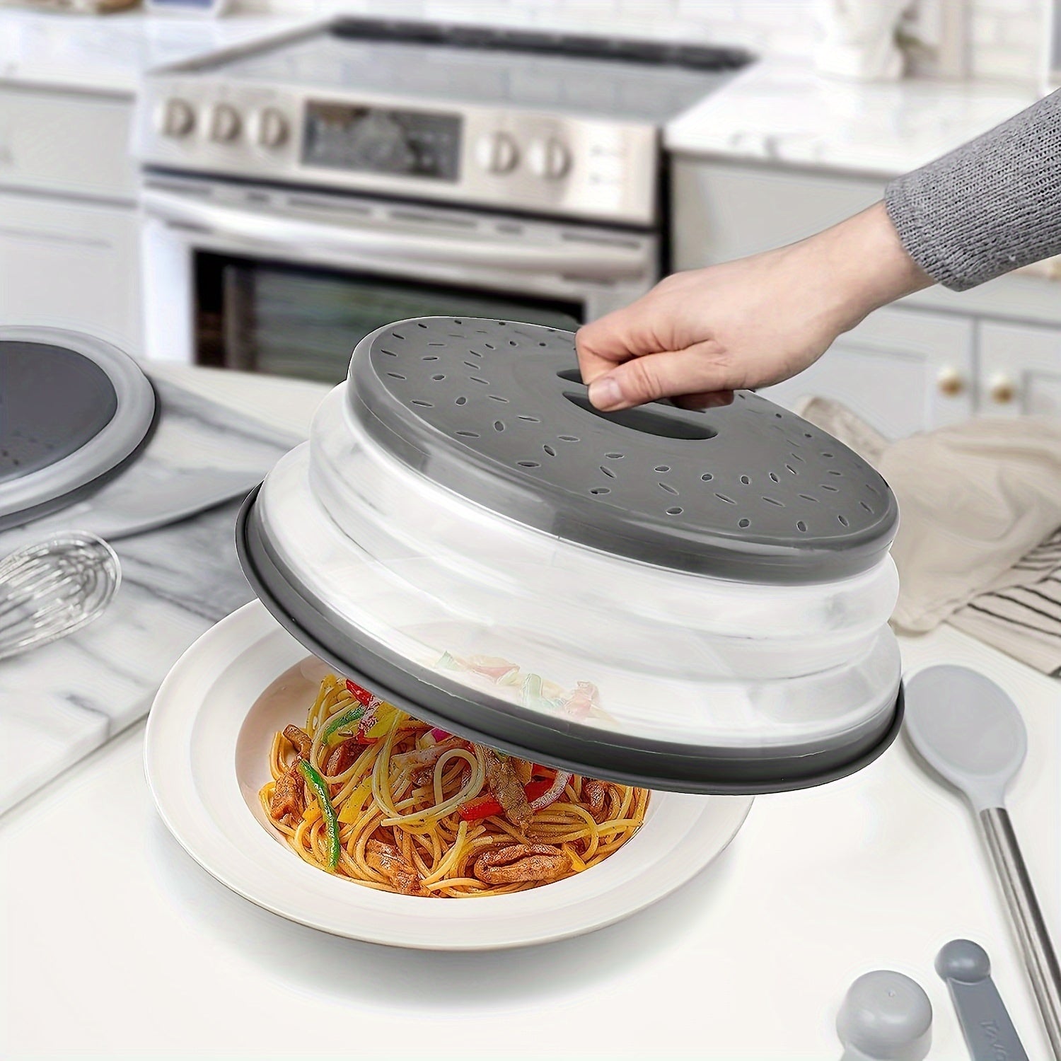 Microwave Plate Cover Collapsible Food Plate Lid Cover - BPA Free, Easy Grip, Microwave Plate Guard Lid with Steam Vent & Colander Strainer for Fruit