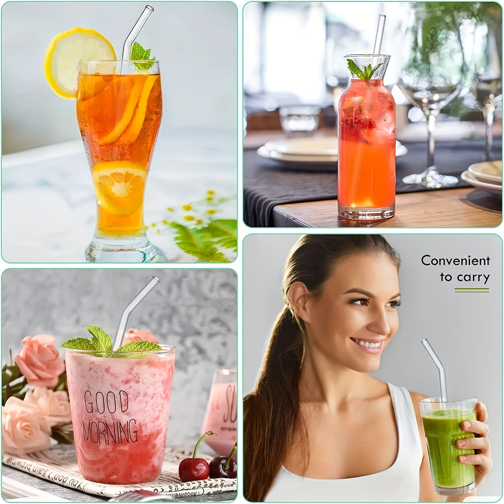 One set of 6 straws + 1 brush. High borosilicate transparent glass straws, heat-resistant, washable and reusable juice straws