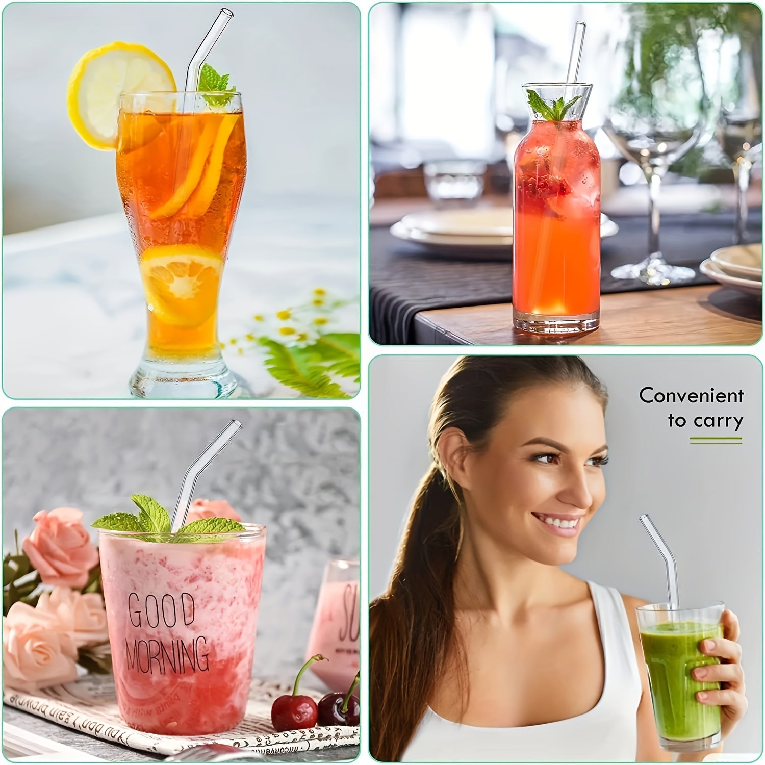 One set of 6 straws + 1 brush. High borosilicate transparent glass straws, heat-resistant, washable and reusable juice straws