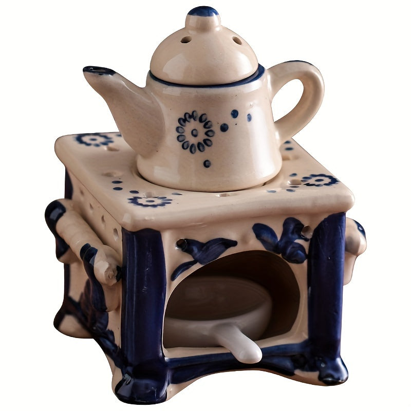 Blue & White Ceramic Teapot Candle Holder