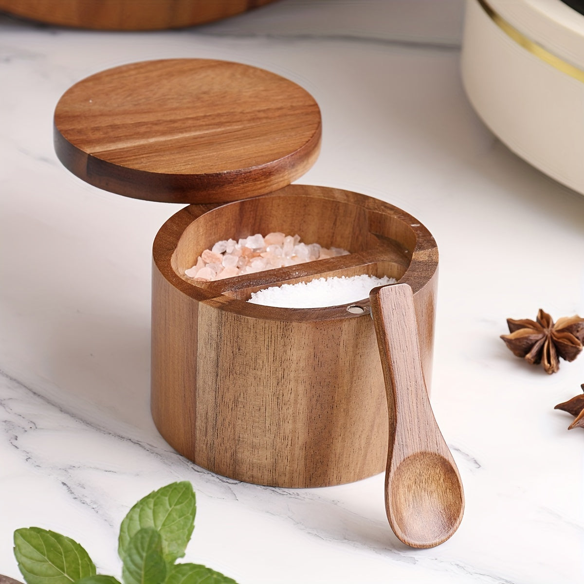 1PC Wooden Salt and Pepper Set with Spoon - Rustic Kitchen Storage for Spices and Condiments