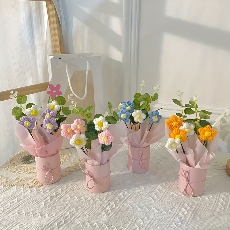1 Set Handmade Yarn Artificial Flower Bouquet with Plastic Bucket, Ribbon, and Tissue Paper - 5 Yarn Hook Flowers in Pink, White, and Yellow - Ideal for Mother'S Day, Valentine'S Day, Birthdays, and Home Decor, Mother'S Day Gift|Elegant Flower Arrangement