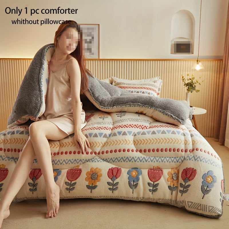 Cozy Boho Floral Snowflake Velvet Comforter - Soft, Light Beige-Friendly & Quilted for All Seasons - Machine Washable, Fade-Resistant Thick Bedding for Bedroom & Guest Room, Christmas present