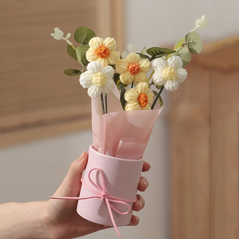 1 Set Handmade Yarn Artificial Flower Bouquet with Plastic Bucket, Ribbon, and Tissue Paper - 5 Yarn Hook Flowers in Pink, White, and Yellow - Ideal for Mother'S Day, Valentine'S Day, Birthdays, and Home Decor, Mother'S Day Gift|Elegant Flower Arrangement