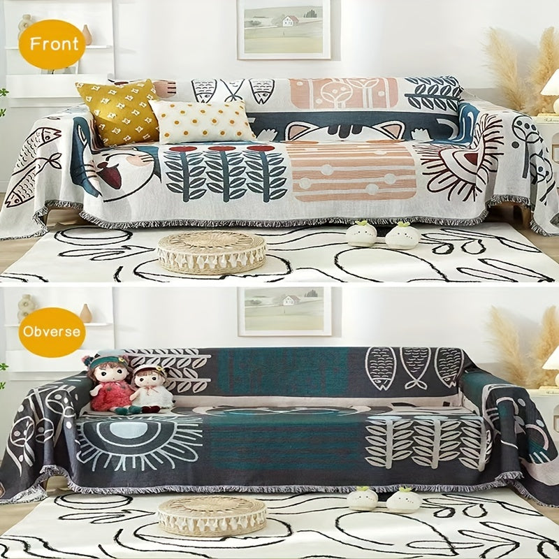 1pc Modern Tassel Sofa Throw Cover - Hand Washable Blend, Universal Fit for Armchair to Sectional Sofas, Botanical & Abstract Cat Patterns, Furniture Protector for Home & Office Decor