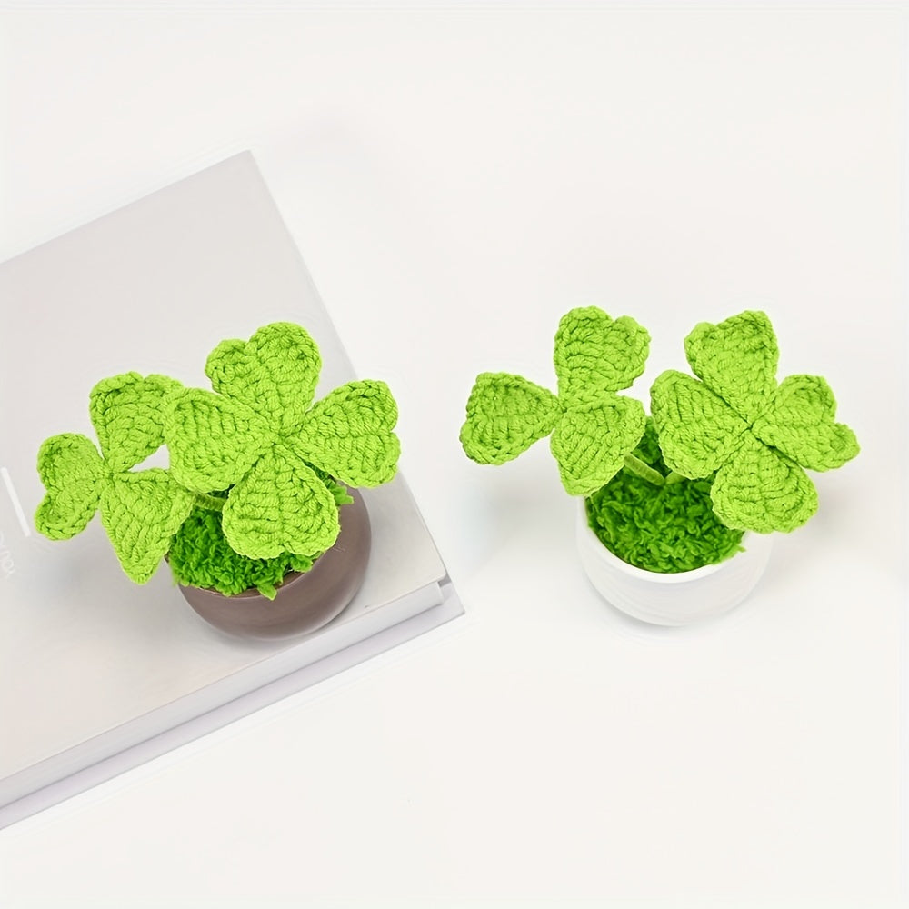 1pc Handmade Artificial Plant Potted, Crocheted Four-leaf Lucky Grass, Unique Knitting Home and Office Desktop Decoration