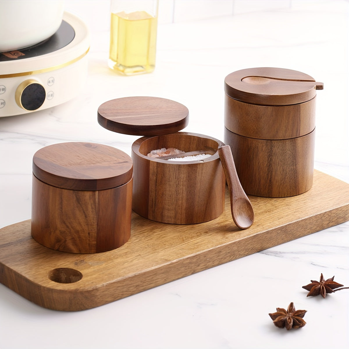 1PC Wooden Salt and Pepper Set with Spoon - Rustic Kitchen Storage for Spices and Condiments