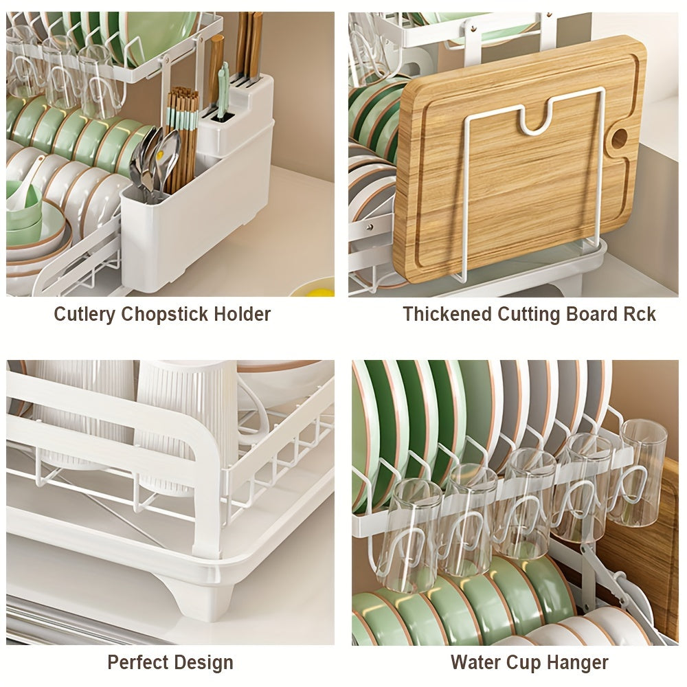 1pc Dish Drying Rack Drainboard, Large 2 Tier Metal Dish Racks with Drainage, Glass Holder, Utensil Holder and Extra Drying Mat, Dish Drainers for Kitchen Counter, Black, White& Grey