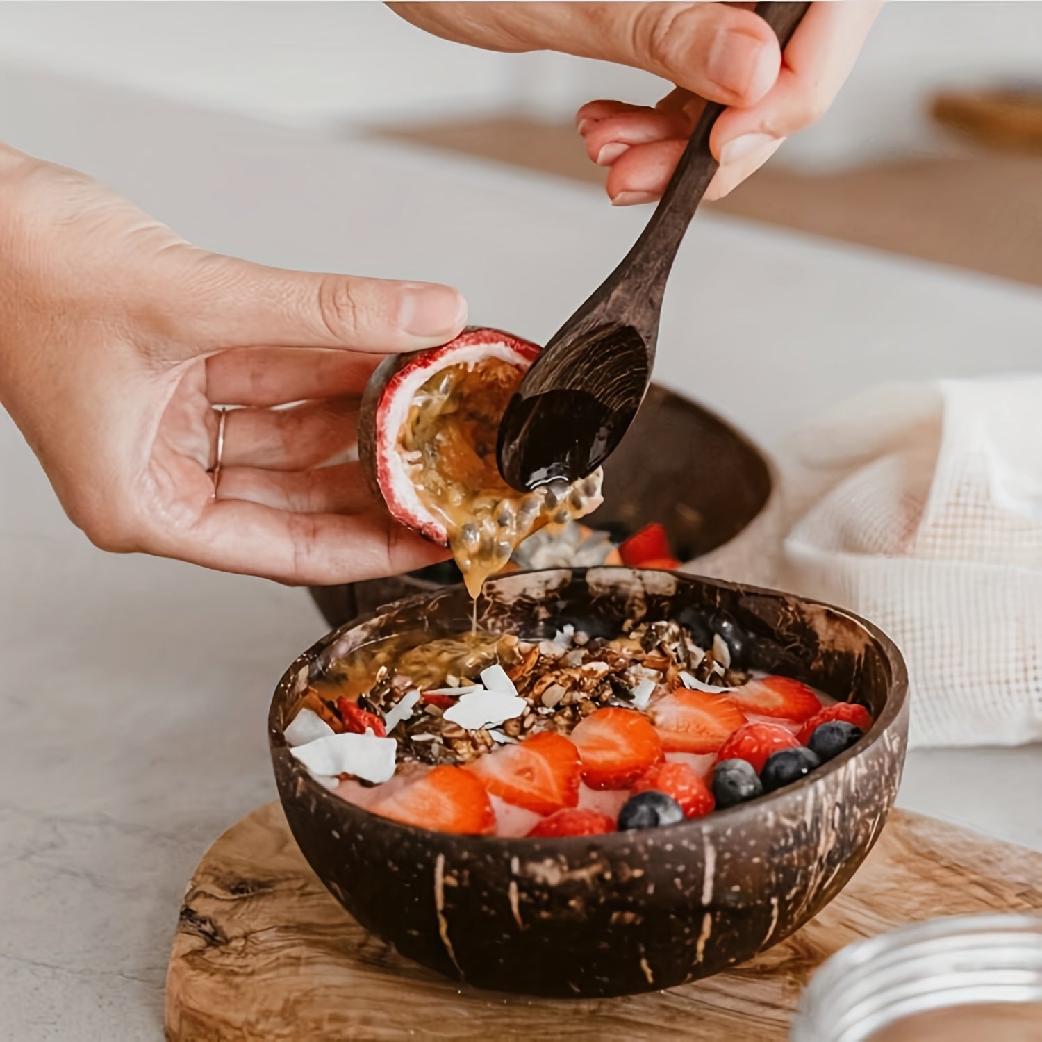 1 set of 4, two coconut bowls and two wooden spoons, coconut bowl and wooden spoon set, healthy vegetarian salad bowl set, ice cream bowl, natural coconut bowl