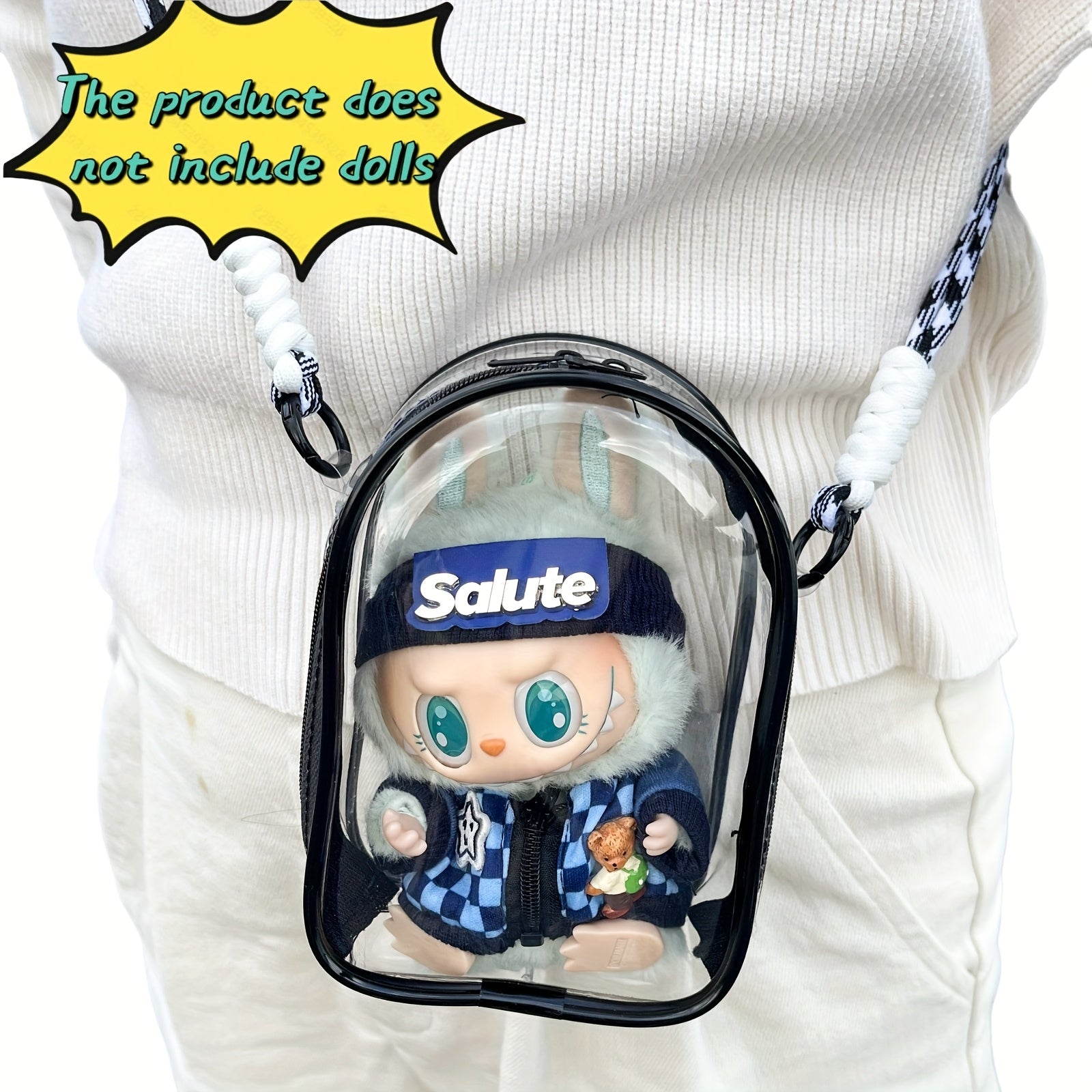 Labubu Is Sitting with a 5.91-Inch Doll Crossbody Cartoon Backpack, a PVC Storage Bag, And Car Curtain Fabric Doll Bag.