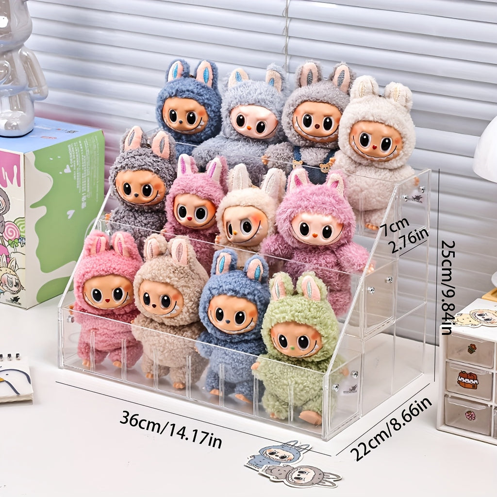1pc LABUBU Transparent Display Stand (Dolls Not Included), Plush Toy Storage Box, 3-Tiered Staircase Organizer for LABUBU, Durable Multi-Layer Design, Perfect for Doll Collection and Display