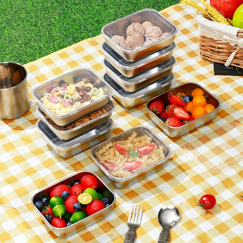 10pcs Stainless Steel Square Food Storage Containers with Flip-Top Lids - Reusable, Dishwasher Safe, Perfect for Fruits, Vegetables, and Meal Prep - Ideal for Kitchen and Outdoor Use, Outdoor Food Storage|Checkered Tablecloth|Durable Kitchenware