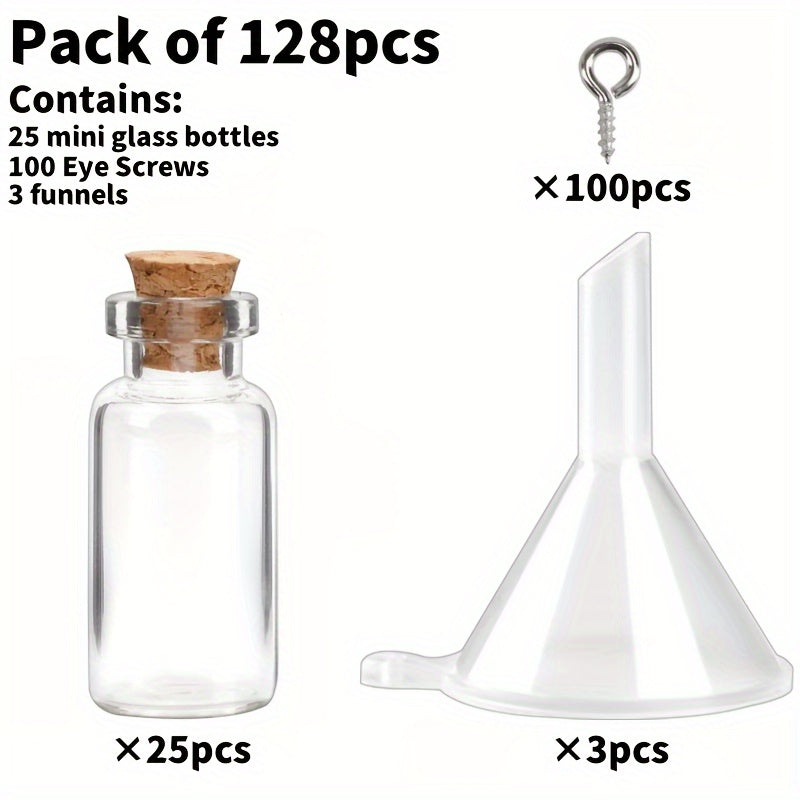 Classic 128pcs Mini Glass Bottles Set - 25pcs 2mL Spell Jars with Cork Stoppers, Round Glass Vials, 100pcs Eye Screws & 3pcs Funnels - Hand Wash Only, for Art Crafts, Wedding Party Favors, Home Decor