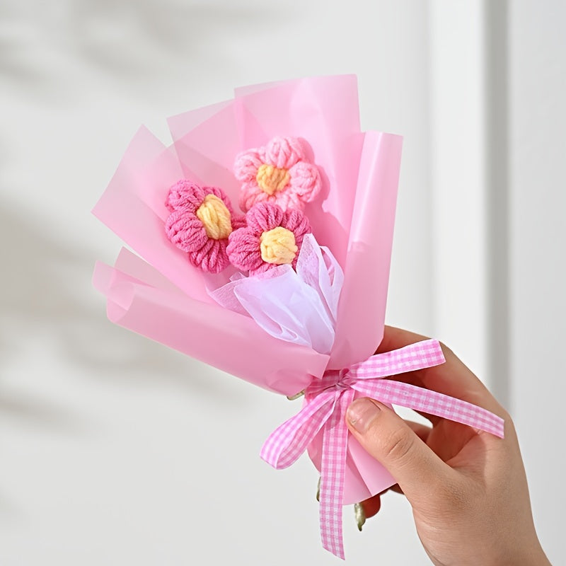 [Artificial Flower Bouquet] 1pc Artificial Mini Knitted Puff Flower Bouquet, Creative Fabric Home Decor Accent - No Electricity or Battery Needed, Ideal for Valentine's Day, Mother's Day, Christmas, Graduation
