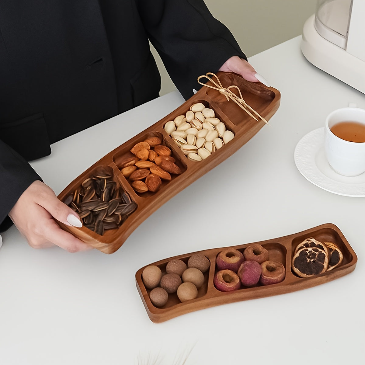 Versatile Wooden Snack Tray with 3/4 Compartments