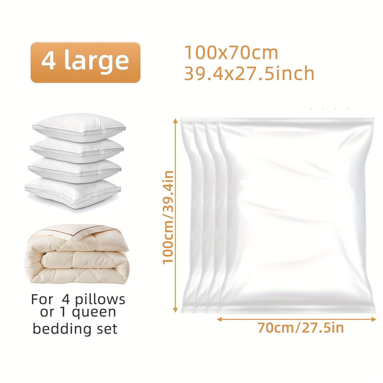 4-Pack Thick Vacuum Storage Bags - Space-Saving, Zippered Organizer for Clothes, Blankets, Quilts - Durable Plastic, Ideal for Bedroom & Travel, Bedroom Organizers And Storage