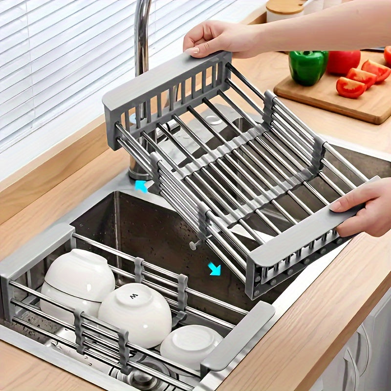 1pc Expandable Stainless Steel Kitchen Sink Organizer Rack, Adjustable Over-the-Sink Dish Drainer with Drainboard for Dishes, Vegetables, and Sponge Storage