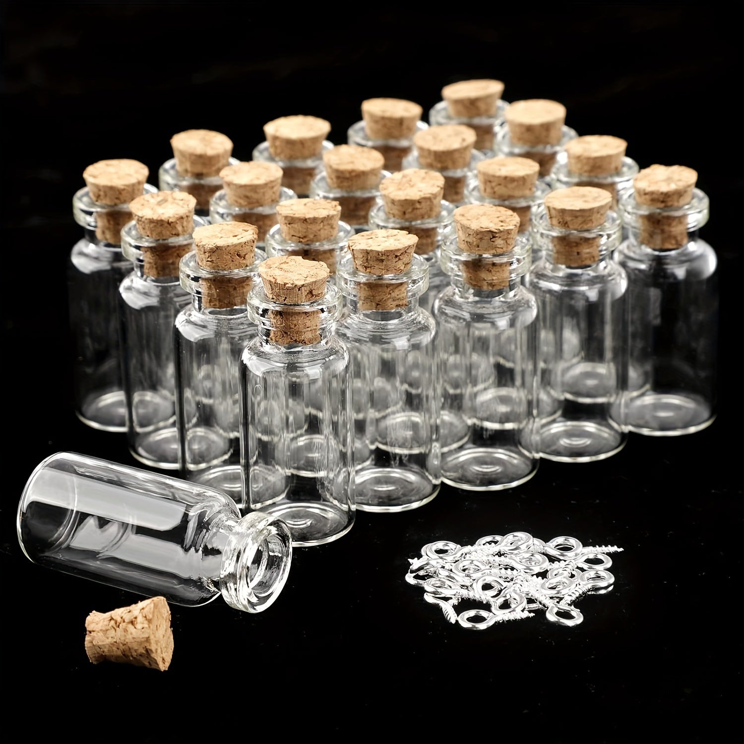 Classic 128pcs Mini Glass Bottles Set - 25pcs 2mL Spell Jars with Cork Stoppers, Round Glass Vials, 100pcs Eye Screws & 3pcs Funnels - Hand Wash Only, for Art Crafts, Wedding Party Favors, Home Decor