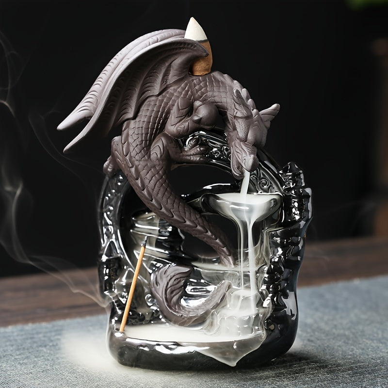 Elegant Black Winged Dragon Backflow Incense Burner - Ceramic Waterfall Smoke Holder for Home Decor, and Air Purification - Perfect for Yoga, Christmas, Halloween, Easter, Thanksgivin