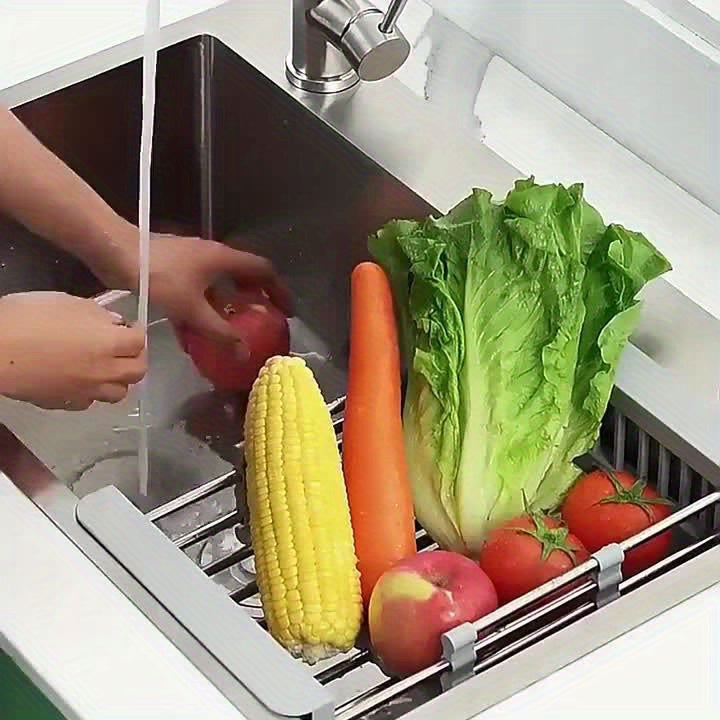 1pc Expandable Stainless Steel Kitchen Sink Organizer Rack, Adjustable Over-the-Sink Dish Drainer with Drainboard for Dishes, Vegetables, and Sponge Storage